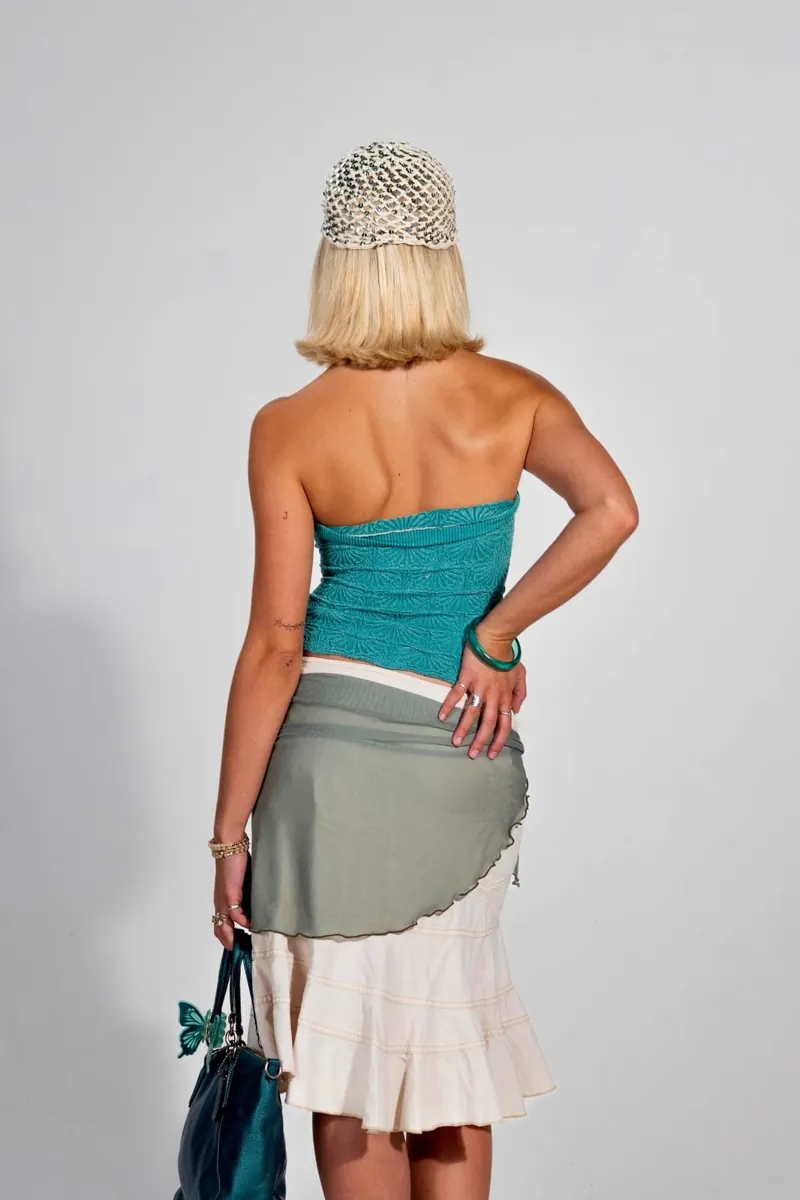 Garden look two, teal and sage with a woven cap