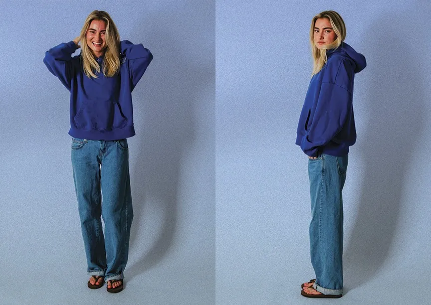 Full-length hoodie and jeans, front and back